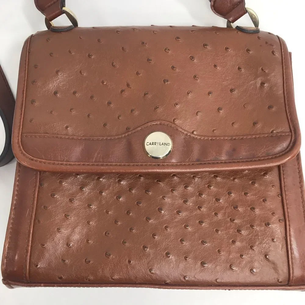 Carryland Brown Faux Ostrich Leather Flap Closure Retro Classic Shoulder Bag
